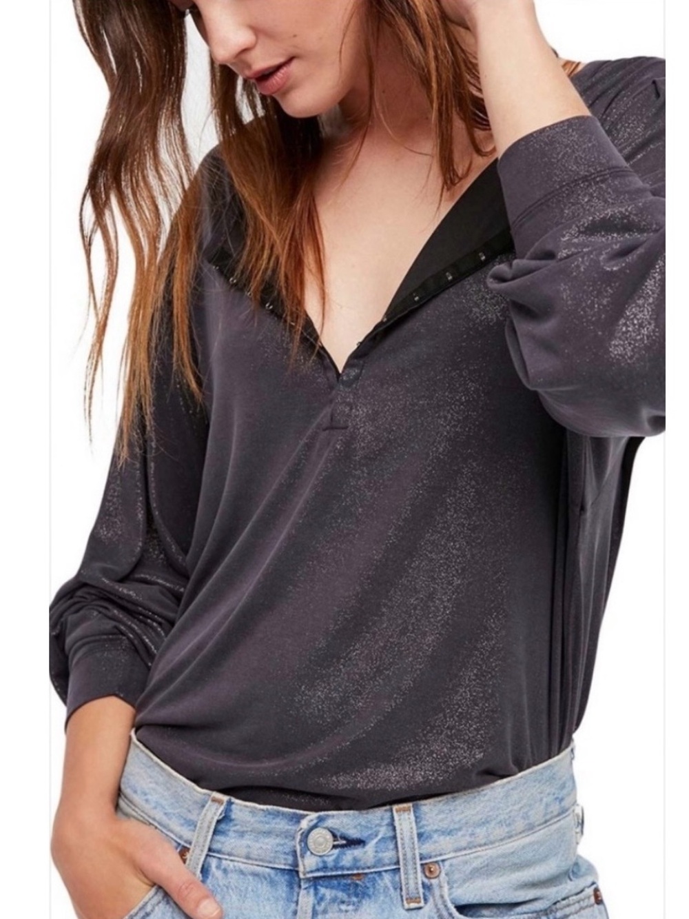 WE THE FREE Olivia Henley Hook & Eye Metallic Gray L/S Blouse People Women Large